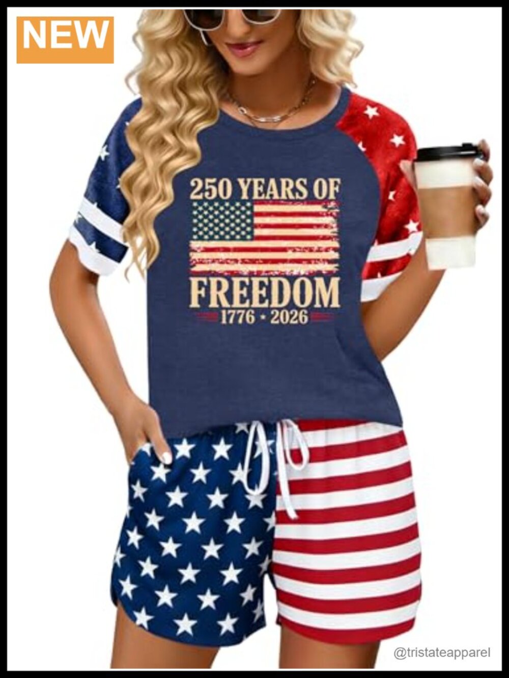 Patriotic 2 Piece Outfit Women USA Flag Shorts Set Cotton Blend